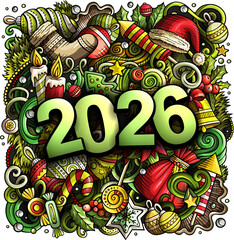 Festive illustration with 2026 surrounded by Christmas decorations, gifts, candles, holly, candy canes, and ornaments
