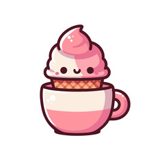 Cute cartoon ice cream in a cup with a smiling face, set against a simple white background