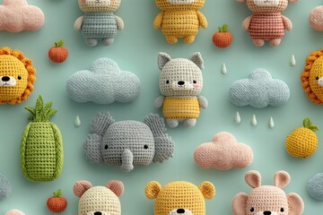 Un encantador mundo de amigurumis sobre un fondo verde menta.