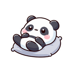 Cute cartoon panda lounging on a soft pillow, surrounded by a serene, minimalist background
