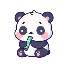 Cute cartoon panda sitting and enjoying bamboo, with a simple white background ideal for children's media