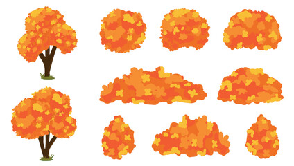 A set of cartoon autumn bushes in orange. Decorative shrubs for the garden, illustrated hedges of shrubs on a white background