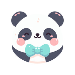 Cute cartoon panda with a blue bow tie, smiling joyfully against a plain white background
