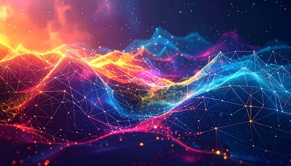 Abstract digital landscape with vibrant colors and intricate mesh patterns