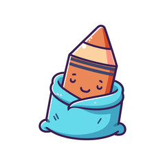 Cute cartoon pencil wrapped in a cozy blue blanket, smiling happily in a minimalistic setting