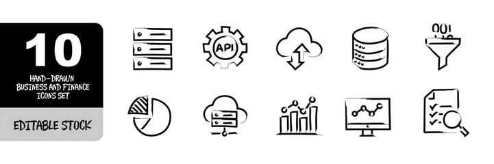 Hand-Drawn Data and Cloud Computing Icons &ndash; Analytics, API, Server, and Visualization Concepts