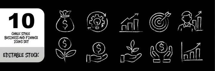 Chalk Style Business and Finance Icons Set &ndash; Growth, Innovation, Investment Concepts