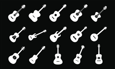 Silhouettes of various acoustic and electric guitars, musical instruments, guitar shapes, string instruments, music equipment, rock, blues, folk, classic, modern, music concept, instrument collection