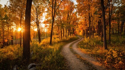 A peaceful pathway meanders through a forest alive with autumn colors as the sun sets, casting warm light on the trees and ground. The scene evokes tranquility and natural beauty.