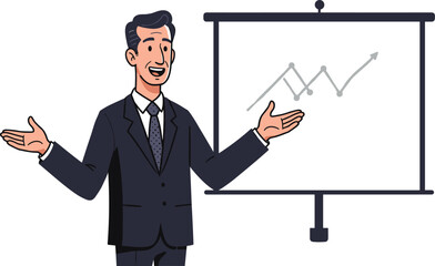 Businessman giving presentation with growth chart on whiteboard, professional corporate speaker explaining success strategy vector illustration design concept.
