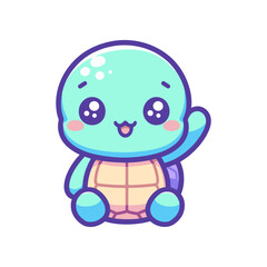 Cute cartoon turtle waving happily, set against a simple white background, ideal for children's themes