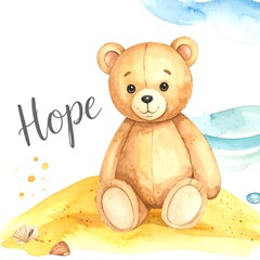 Obraz premium Cute teddy bear on a sandy beach with the word 