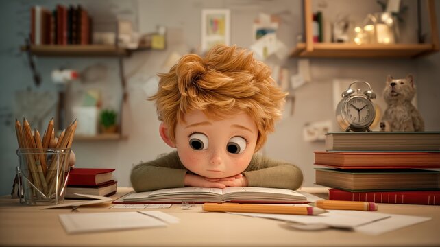 Un ni&ntilde;o con expresi&oacute;n pensativa frente a un libro abierto, rodeado de apuntes y objetos de estudio.