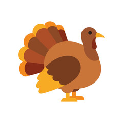 Colorful cartoon turkey with vibrant feathers standing against a plain white background