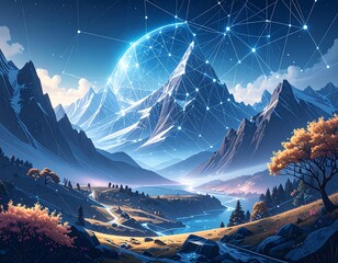 Digital landscape with mountains, a river, and a glowing sphere