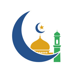 Colorful crescent moon and mosque silhouette with a star, symbolizing Islamic faith and culture