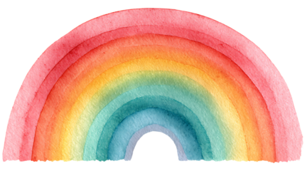 Bright colorful watercolor rainbow arch on white background with soft edges. 