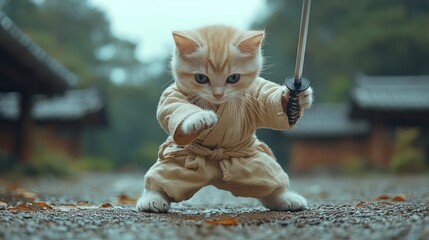 Upside down white cat in samurai clothing holding sword above tranquil lake.