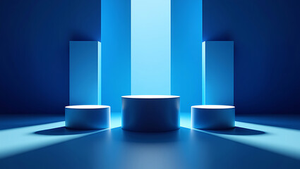 Abstract blue stage with geometric podiums and dramatic lighting