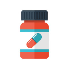Colorful pill bottle with a blue and red capsule, isolated on a white background for health concepts