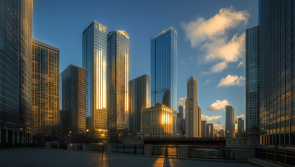 Obraz premium Modern city skyline with high rise towers in warm light, sleek architecture and glass reflections.