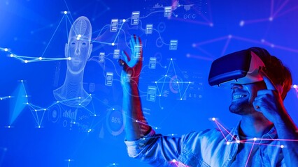 A young man joyfully engages with a virtual reality headset, surrounded by vibrant blue neon graphics and digital interfaces, showcasing the future of technology and digital interaction. Raster