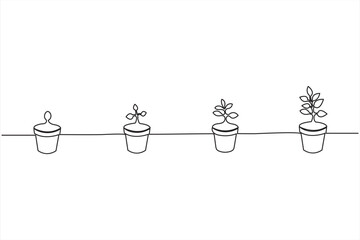 Minimalist one line art drawing of plant growth stages with roots and leaves on a white background