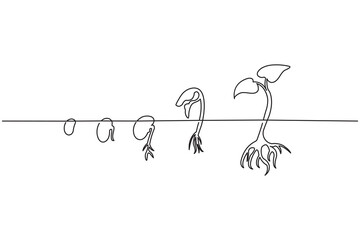 Fototapeta premium Minimalist one line art drawing of plant growth stages with roots and leaves on a white background