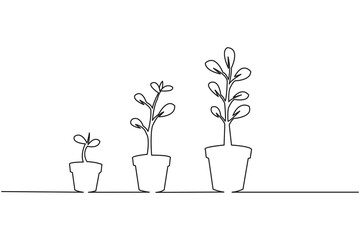 Minimalist one line art drawing of plant growth stages with roots and leaves on a white background