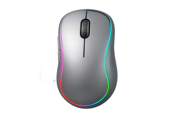 Silver wireless gaming mouse with colorful rgb lighting isolated on a transparent background, perfect for gamers and designers