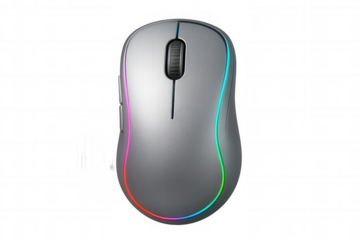 Silver wireless gaming mouse with colorful rgb lighting isolated on a transparent background, perfect for gamers and designers