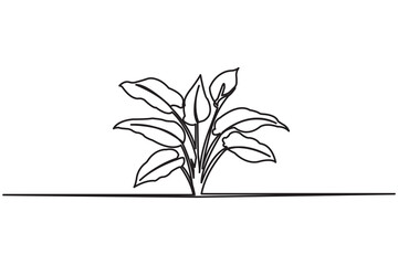 Minimalist one line art drawing of plant growth stages with roots and leaves on a white background