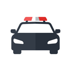 Front view of a police car with flashing lights, parked on a city street during daytime