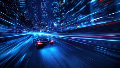 Fototapeta premium Futuristic Dynamic Motion: Blue Glowing Air Flow Effect In Racing Cars On City Roads With Long Exposure And Horizontal Speed Connection