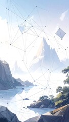 Digital mountain landscape with interconnected network