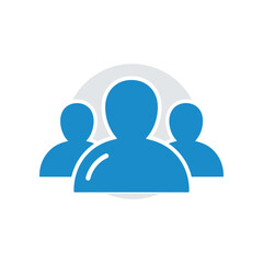 Group of three stylized human figures in blue silhouette against a light background