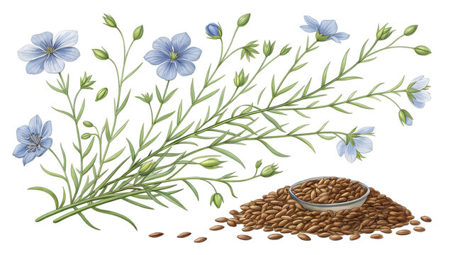 Flax plant with blue flowers and seeds linum PNG Transparent background