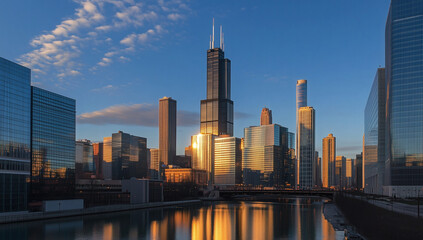 Fototapeta premium Modern city skyline with high rise towers in warm light, sleek architecture and glass reflections.