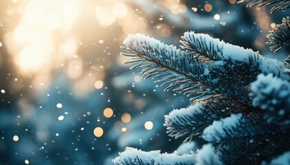 Close-Up View Of Stunning Winter Coniferous Forest Blanketed In Frost And Snow. Captivating Nature Scene With Snowy Pine Tree Branches. Perfect Winter Christmas Wallpaper.