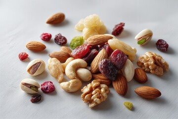 Una generosa mezcla de frutos secos y pasas sobre un fondo blanco.