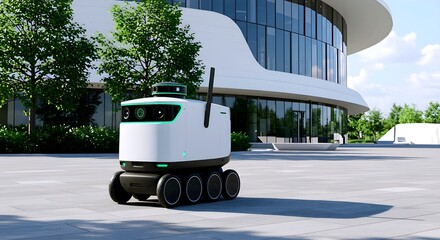 Autonomous delivery robot navigates modern urban environment near sleek building