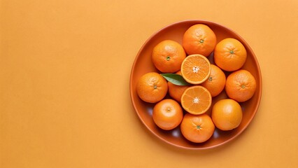Orange mandarins in a plate on a yellow background, top view