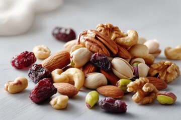 Una generosa mezcla de frutos secos y pasas sobre una superficie de madera clara.