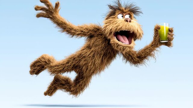 Cartoon character with a green drink in his hand. The character is jumping and he is having fun