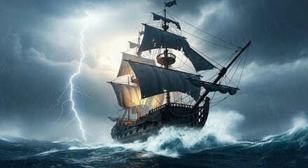 An epic illustration of a tall ship with tattered sails caught in a dramatic lightning storm