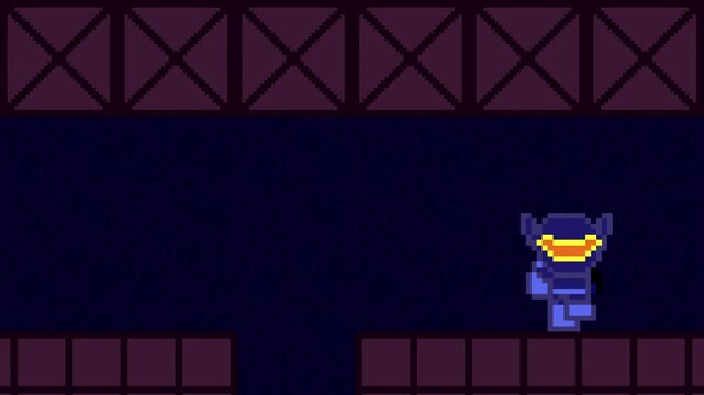 Animation of a fake 8-bit pixel art game with alien robot characters jumping around, vintage, art.