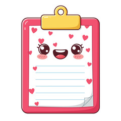 Cute kawaii clipboard with a happy face and pink hearts on a white background