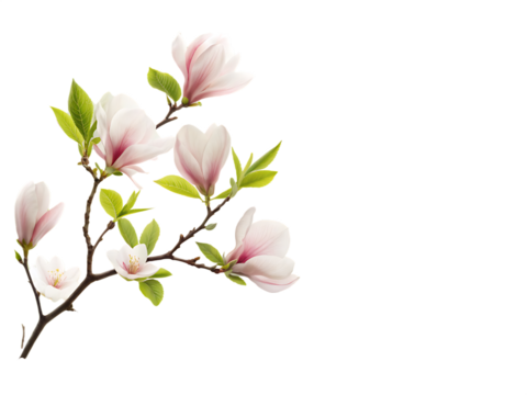 Delicate pink magnolia blossoms and green leaves on a branch isolated on transparent background