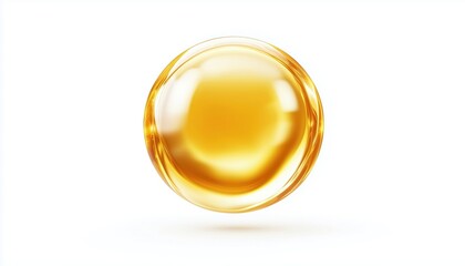 Golden Sphere: Oil Bubble On White - Glossy Gold Ball Or Precious Pearl With Yellow Serum Or Collagen Drops - Decorative Element For Skincare Cosmetic Packaging