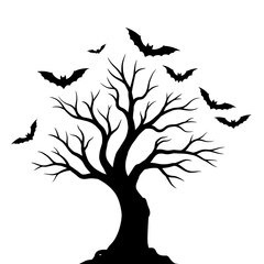 Spooky silhouette of a bare gnarled tree with a swarm of bats flying around its branches